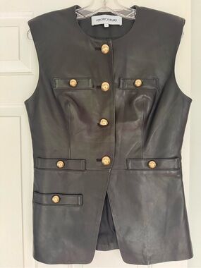 Veronica Beard Black Leather Sleeveless Vest with Gold Buttons